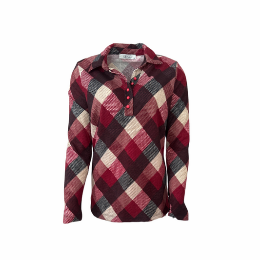 Poloshirt Bobbie van Sensia Fashion met bloemenprint in donkerblauw en okergeel, zachte fleece-feeling stof, V-hals en lange mouwen. marijke mode