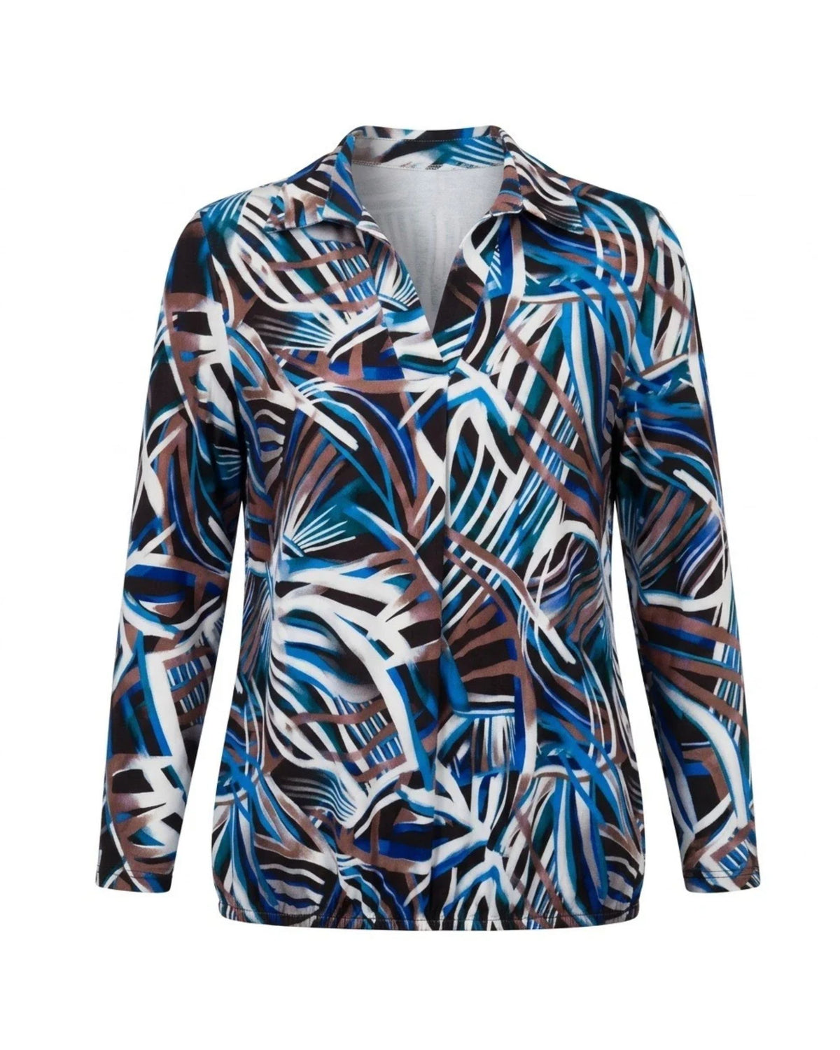 Blouson poloshirt met kraagje, bescheiden V-hals, lange mouwen en elastiek aan de onderkant.