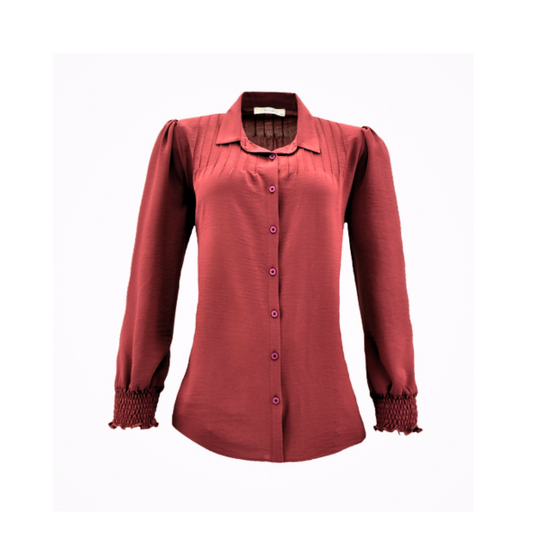 sensia blouse met knopen voor dames. gesmokte aangesloten mouwen. verkrijgbaar bij marijke mode