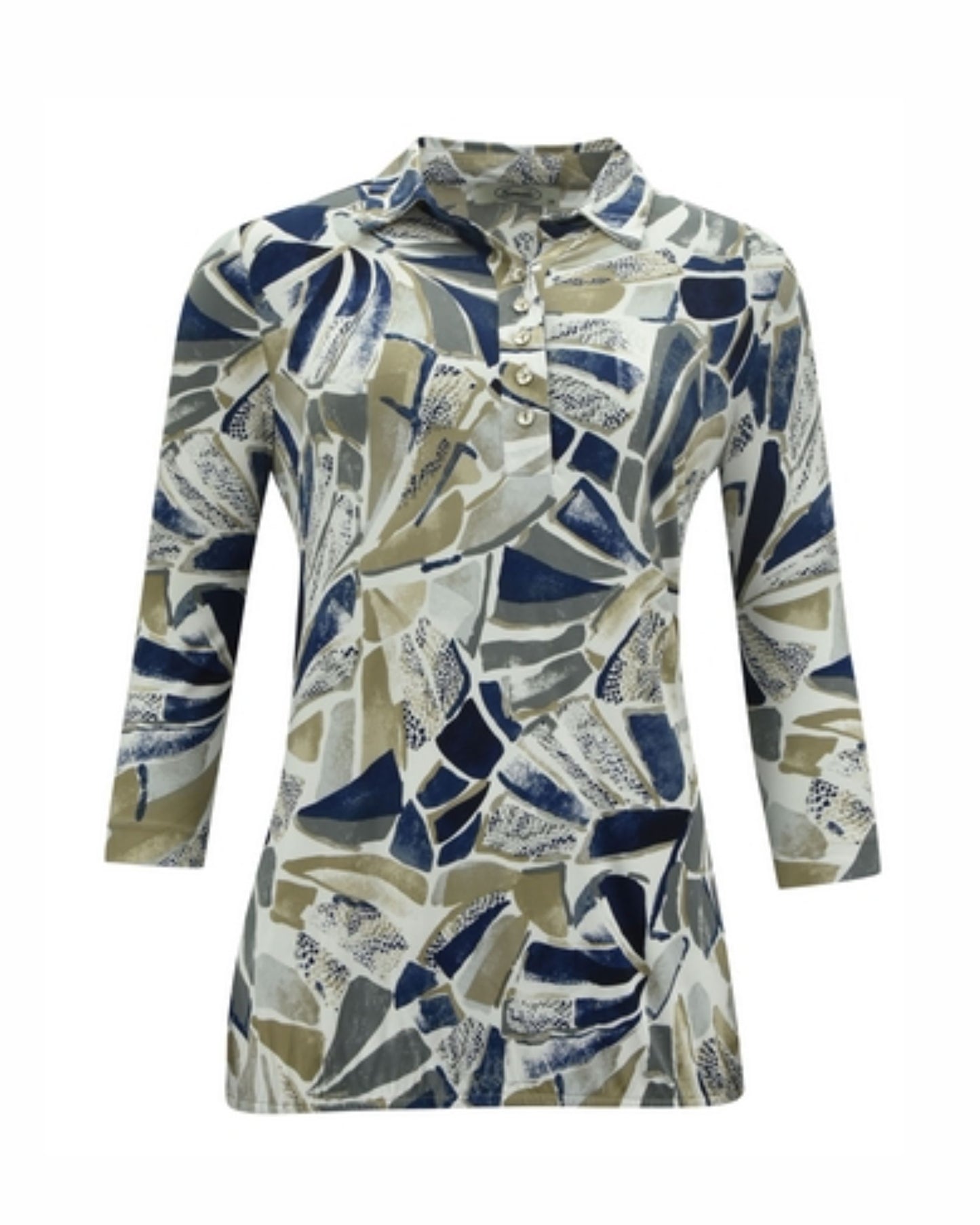 sensia fashion poloshirt net kraag en driekwart mouwen verkijgbaar bij marijke mode