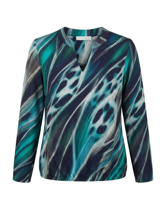 Sensia Fashion Barby top in emeraldgroen, donkerblauw en wit, verkrijgbaar bij Marijke Mode
