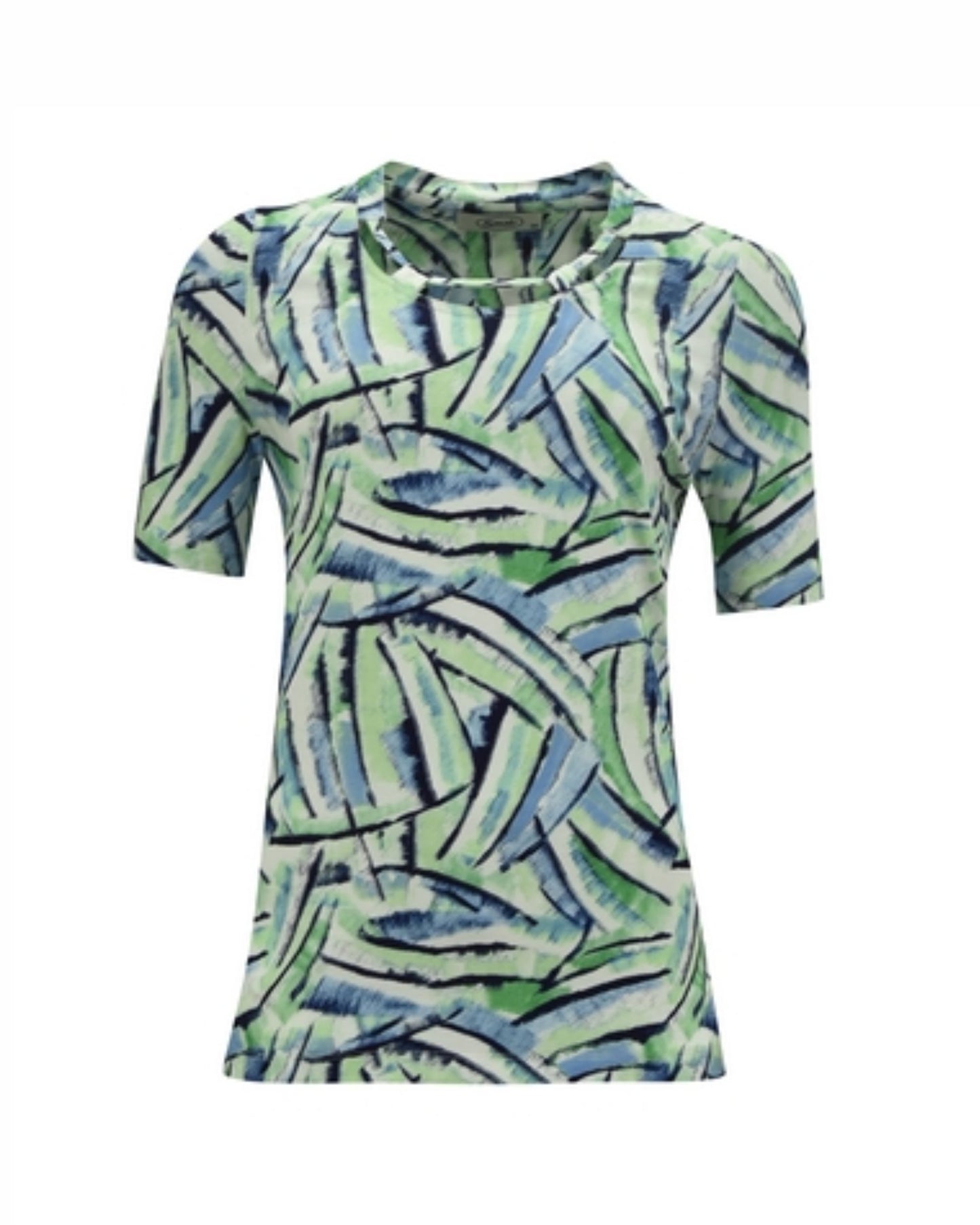 Sensia Fashion shirt met ronde hals, donkerblauwe bies en zilverkleurig kettinkje in kobalt blauw