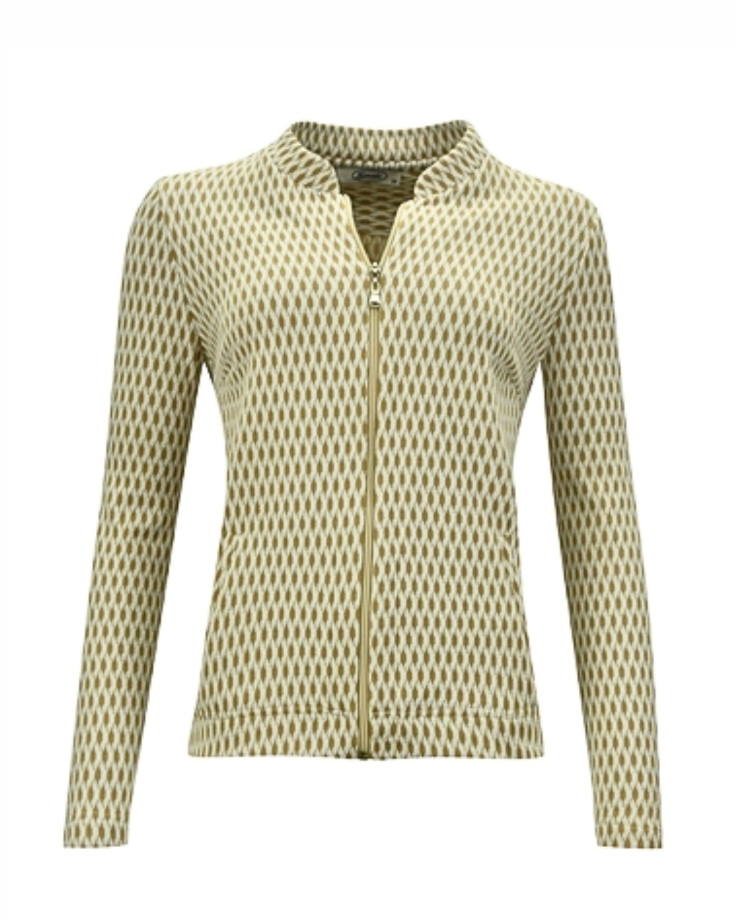 Sensia Fashion vestjasje licht camel ecru met reliëf wyber dessin, opstaand boordje en rits met steekzakjes – Verkocht Door Marijke Mode