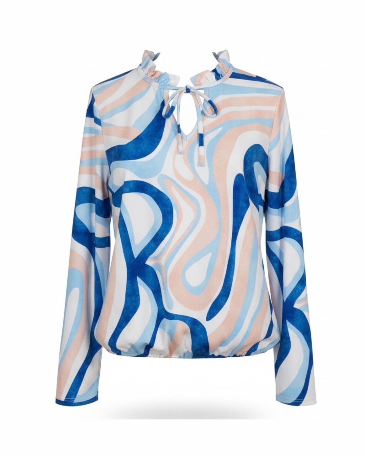 Marijke Mode t-shirt met gesmokte hals en veterdetail driekwart mouw