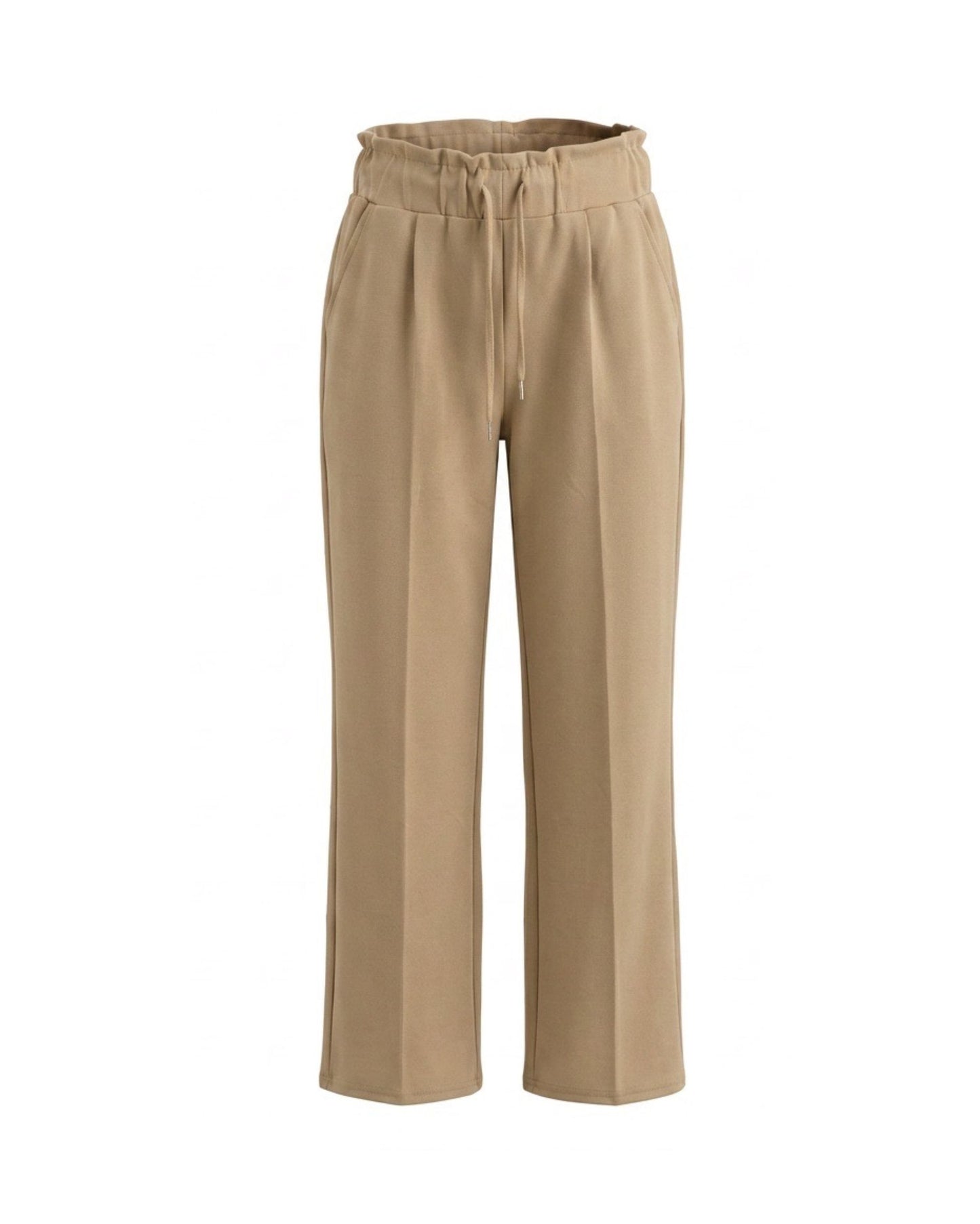 Basic pantalon van zachte travelkwaliteit met elastische band en trekkoord, verkrijgbaar bij Marijke Mode.