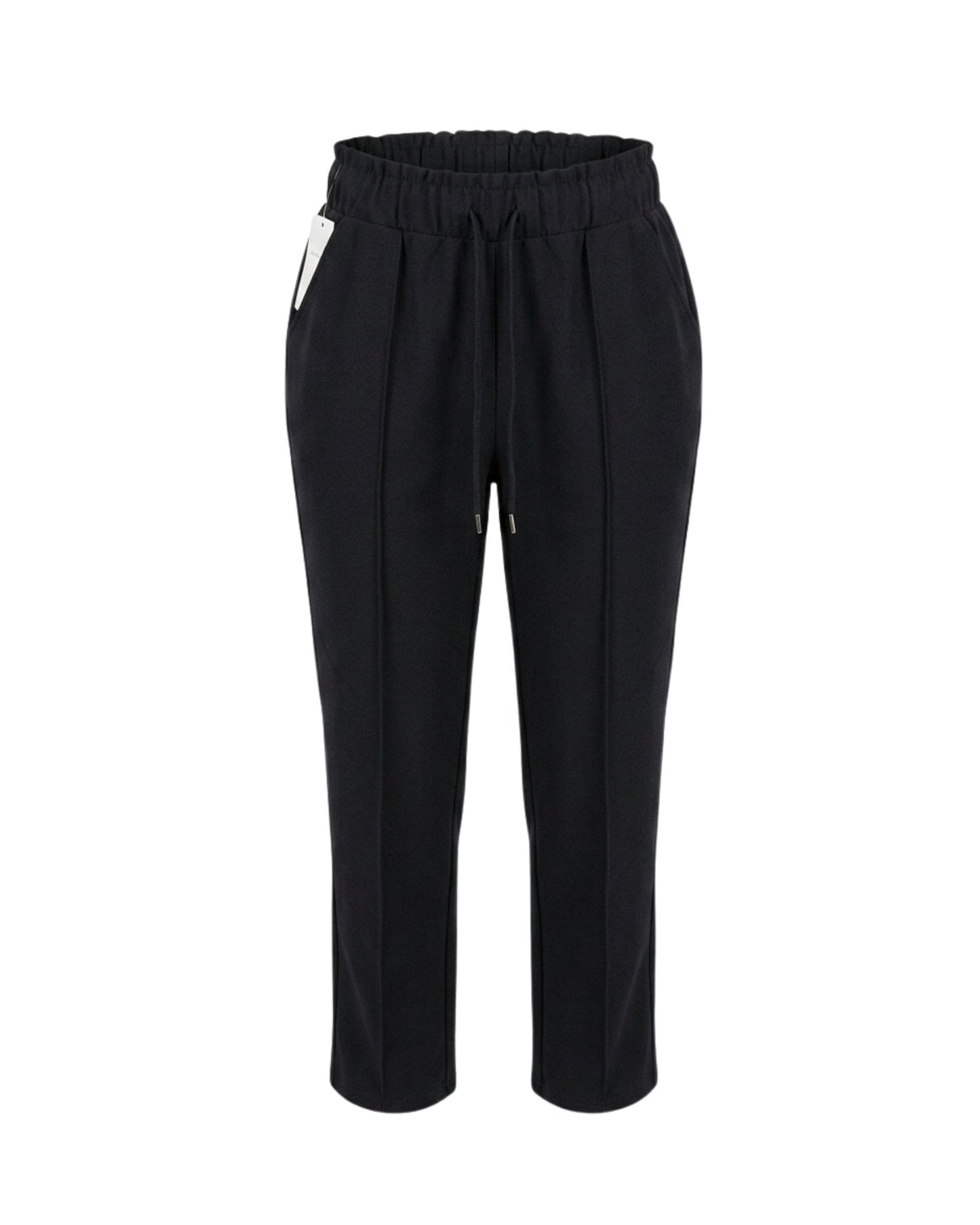 Basic pantalon van zachte travelkwaliteit met elastische band en trekkoord, verkrijgbaar bij Marijke Mode.