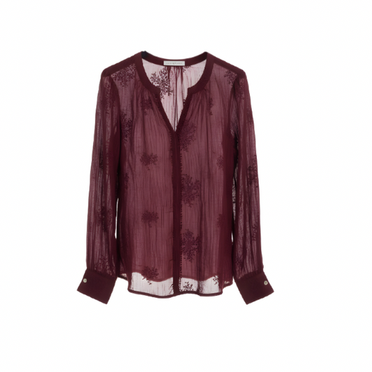 Bordeauxrode tuniek blouse met V-hals en lange mouwen van Marijke Mode