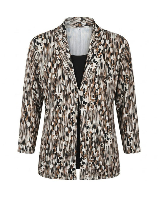 Dames 2-in-1 twinset met kraag, knoopdetail, dessin jasje en uni ondertop bij marijke mode
