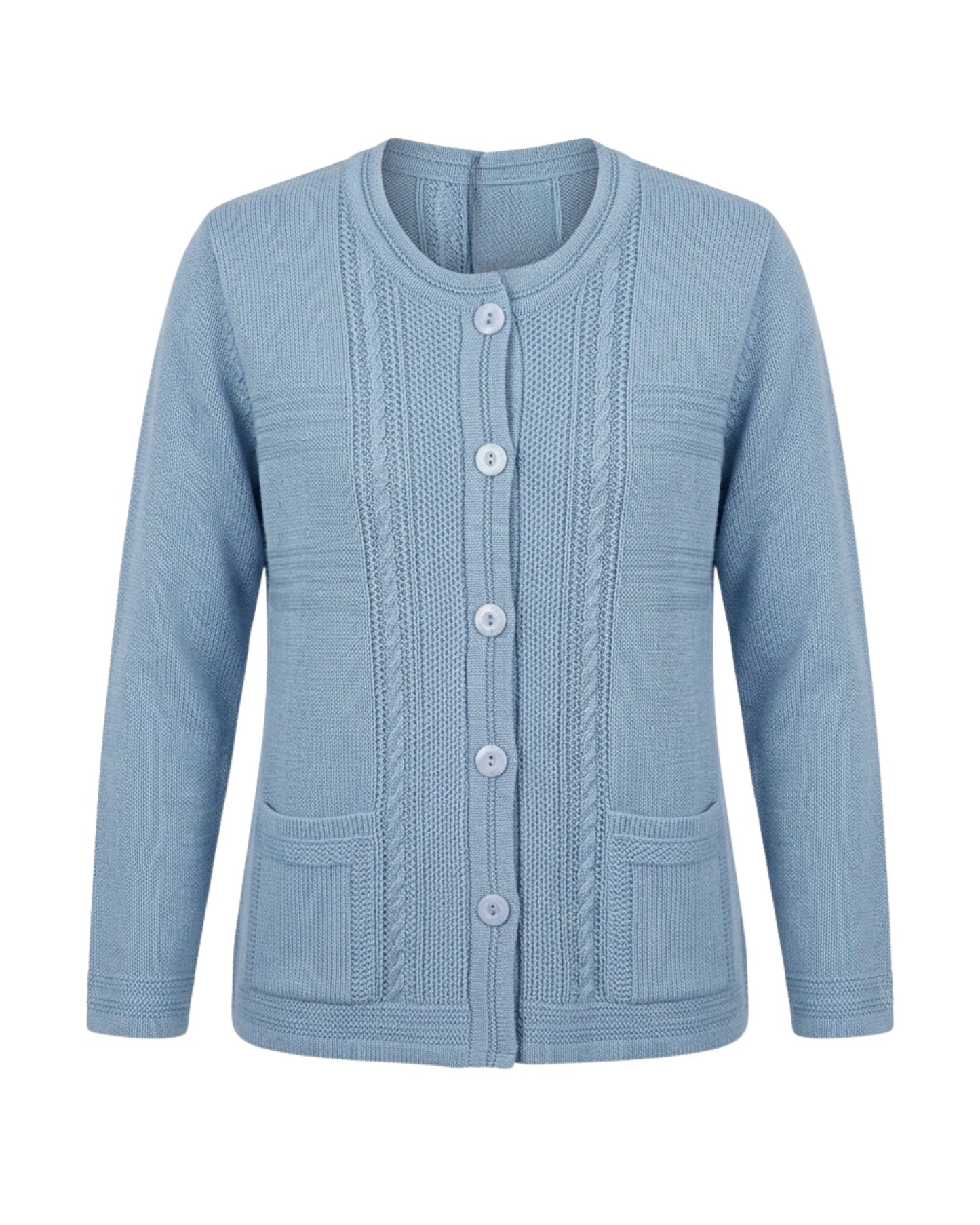 Warm gebreid damesvest met fijn kabeldetail, knopen en zakjes. Gemaakt van katoen en acryl, comfortabel en iets ruimer vallend. Shop bij Marijke Mode