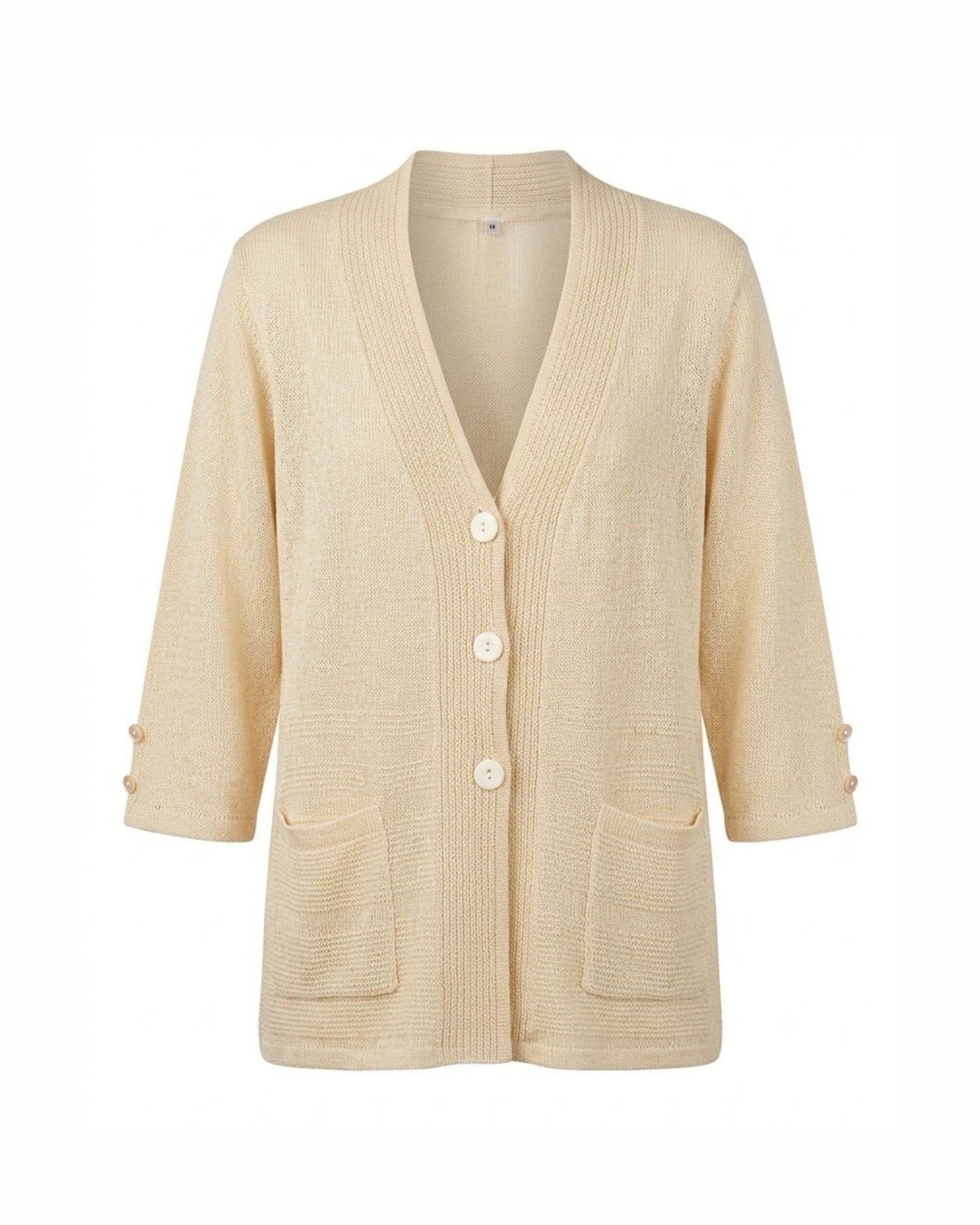 klassiek dames vest met v hals en zakjes en knopen. verkocht door Marijke Mode