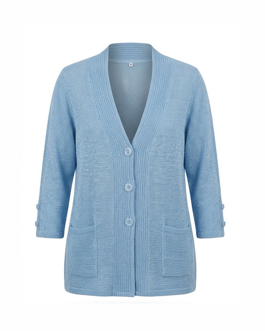 klassiek dames vest met v hals en zakjes en knopen. verkocht door Marijke Mode