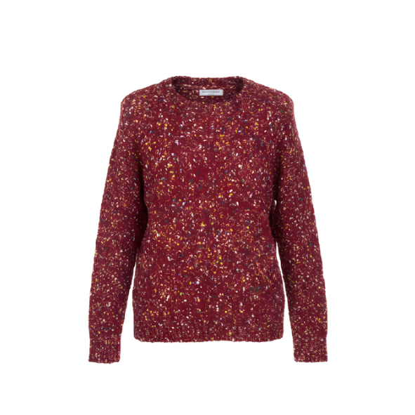 Zachte wintertrui met ronde hals en boord aan de mouwen, soepel en licht vallend, verkrijgbaar bij Marijke Mode.