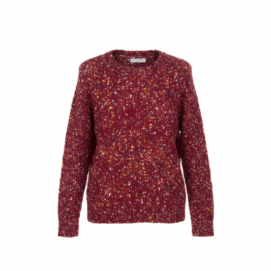 Zachte wintertrui met ronde hals en boord aan de mouwen, soepel en licht vallend, verkrijgbaar bij Marijke Mode.