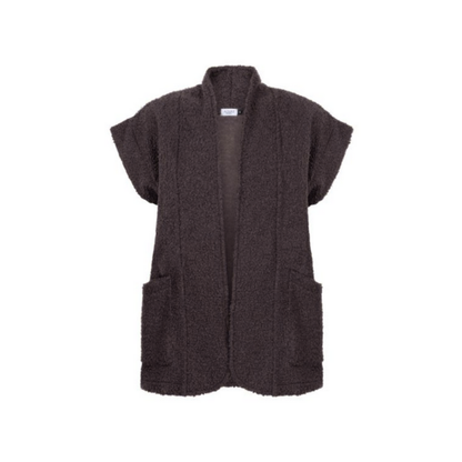 Gilet van Azuri met opstaand kraagje, kapmouwtje en diepe steekzakken, verkrijgbaar in beige en zwart, lang model over de heupen. bij marijke mode