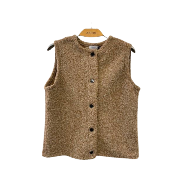 Bouclé-chilletje van Azuri met ronde hals en knopen, verkrijgbaar in beige, bruin en bordeaux, zachte structuur, damesvest €39,95.