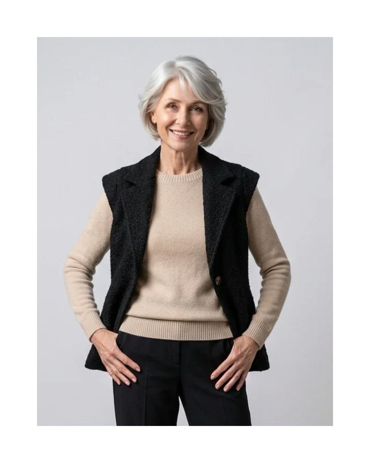 Azuri bouclé gilet met grote kraag, kleine kapmouwtjes en één knoopsluiting, verkrijgbaar bij Marijke Mode.
