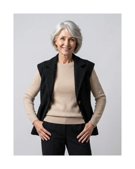 Azuri bouclé gilet met grote kraag, kleine kapmouwtjes en één knoopsluiting, verkrijgbaar bij Marijke Mode.