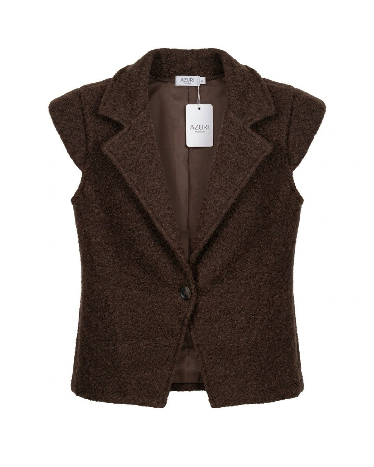 Azuri bouclé gilet met grote kraag, kleine kapmouwtjes en één knoopsluiting, verkrijgbaar bij Marijke Mode.