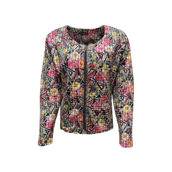 blazer vestjasje met ronde hals en lange mouwen en een ritssluiting n rellief structuur stof . kleuren zwart fuchsia geel merk leins. verijgbaar bij marijke mode