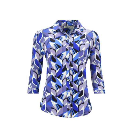 sensia jersey blouse lia. Doorknoop blouse met kraag en driekwartmouwen. verkrijgbaar bij Marijke Mode