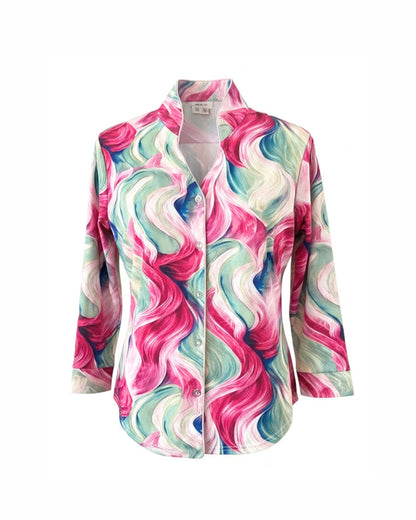 Casual blouse met ruime kraag en split middenvoor in frisse voorjaarstinten – verkocht door Marijke Mode