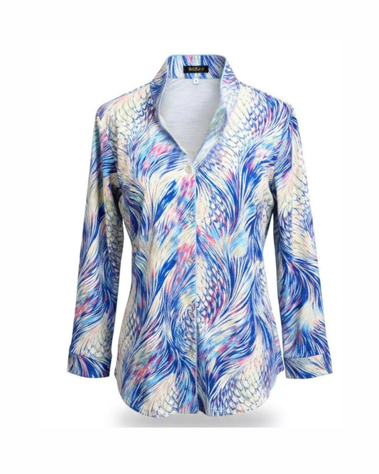 Casual blouse met ruime kraag en split middenvoor in frisse voorjaarstinten – verkocht door Marijke Mode