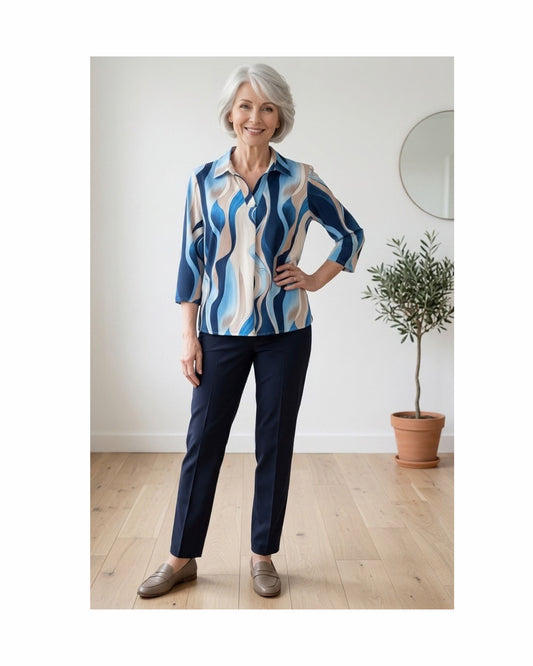 polo shirt met driekwart mouwen van viscose bij Marijke Mode