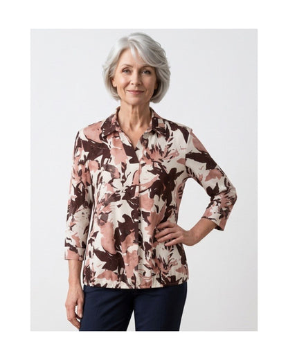 Blouson Poloshirt 3/4 Mouw – Bloem Oudroze Bruin