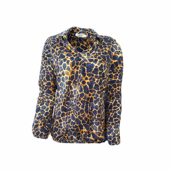 Poloshirt Bobbie van Sensia Fashion met bloemenprint in donkerblauw en okergeel, zachte fleece-feeling stof, V-hals en lange mouwen."