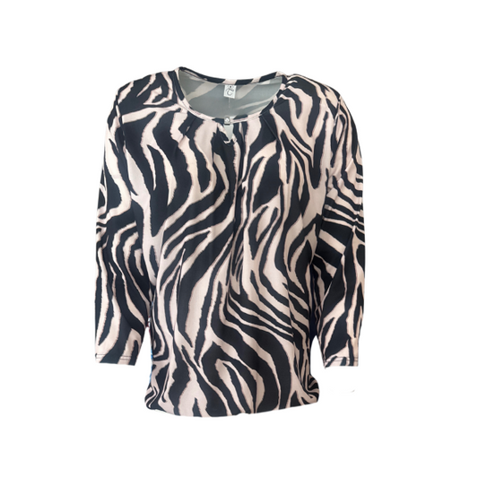 Blouson polo shirt met lange mouwen en gesloten V-hals met inzetnetje, zachte viscosemix, elastiek aan de onderzijde, verkrijgbaar in meerdere kleuren bij Marijke Mode."