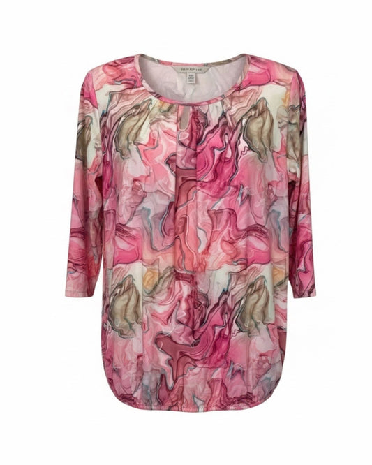 Marijke Mode t-shirt met ronde hals en O-detail driekwart mouw zachte kleuren