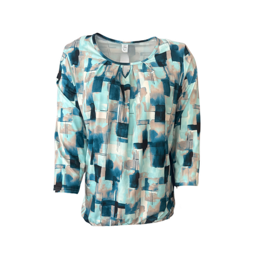 Blouson polo shirt met lange mouwen en gesloten V-hals met inzetnetje, zachte viscosemix, elastiek aan de onderzijde, verkrijgbaar in meerdere kleuren bij Marijke Mode."
