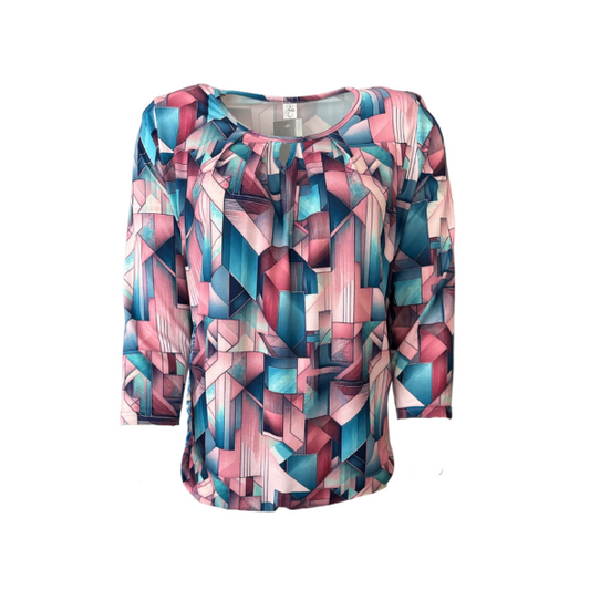 Blouson polo shirt met lange mouwen en gesloten V-hals met inzetnetje, zachte viscosemix, elastiek aan de onderzijde, verkrijgbaar in meerdere kleuren bij Marijke Mode."