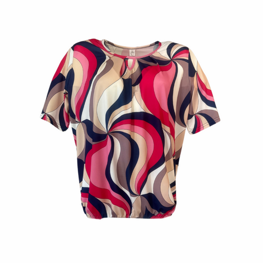 blouson tshirt met ronde hals e korte mouwen. elastiek aan de onderzijde gemaakr van viscose. verkijgbaar bij Marijke Mode