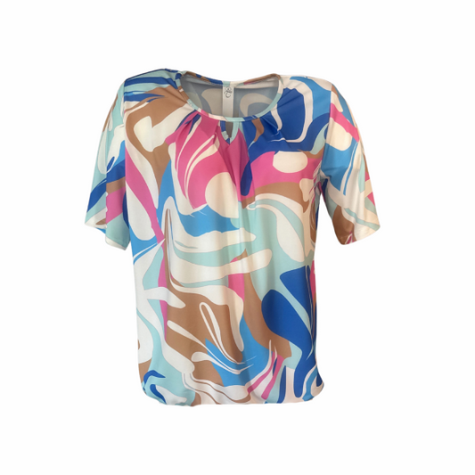 blouson tshirt met ronde hals e korte mouwen. elastiek aan de onderzijde gemaakr van viscose. verkijgbaar bij Marijke Mode