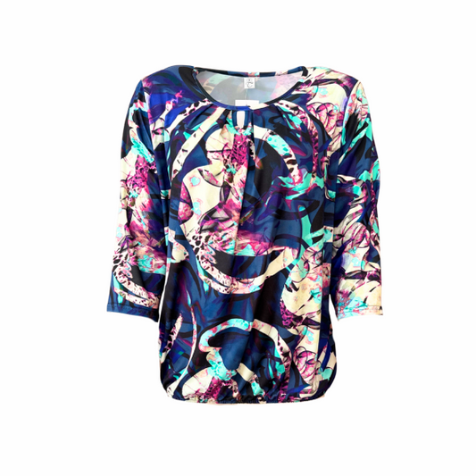 Dames blouson shirt met lange mouwen in trendy herfstkleur, ronde hals en soepel vallende viscose mix – Marijke Mode najaarscollectie 2025.