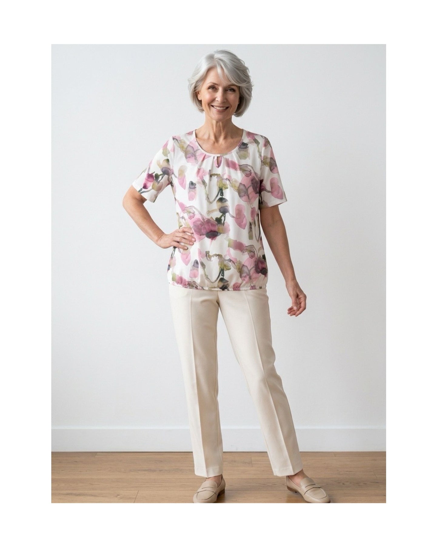 Blouson Shirt Elastiek Bloem Roze Groen