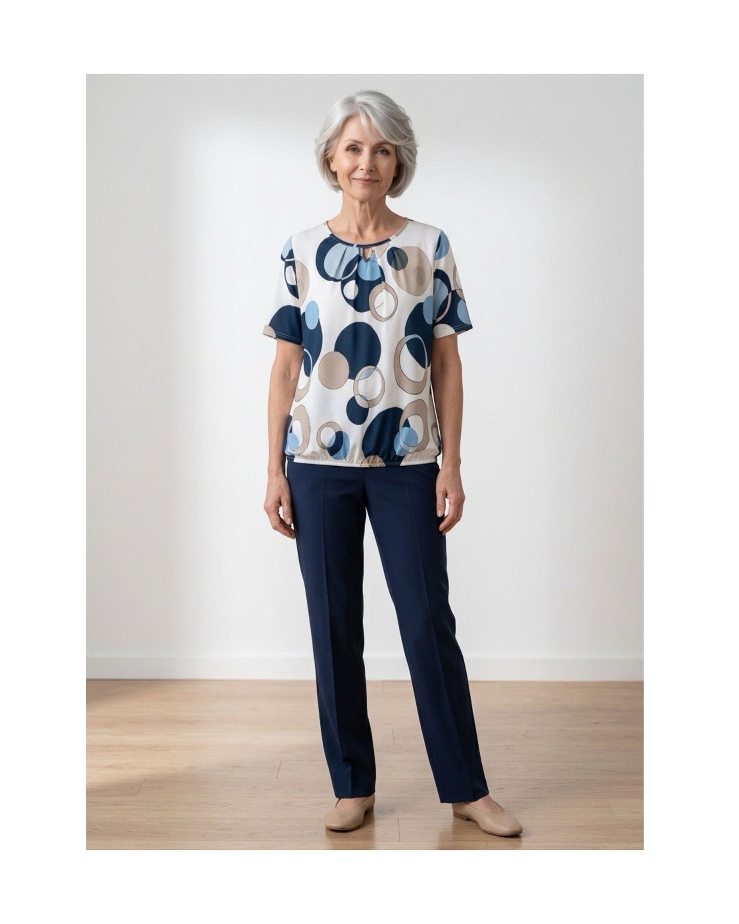 Blouson Shirt Elastiek Stip Blauw Beige