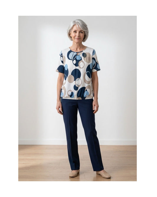 Blouson Shirt Elastiek Stip Blauw Beige