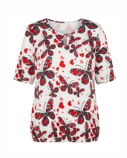 shirt met ronde hals en elastiek. verkrijgbaar bij marijke mode