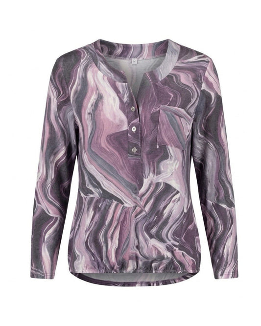 Blousonshirt met lange mouwen, knopen en borstzak, verkrijgbaar bij Marijke Mode.