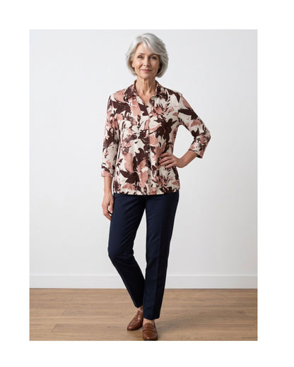 Blouson Poloshirt 3/4 Mouw – Bloem Oudroze Bruin