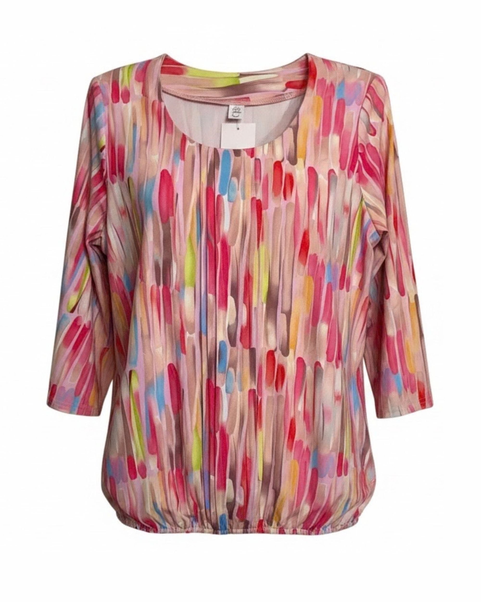 Blouson shirt met geplooide baan en driekwart mouwen in zachte viscose stof verkocht door Marijke Mode