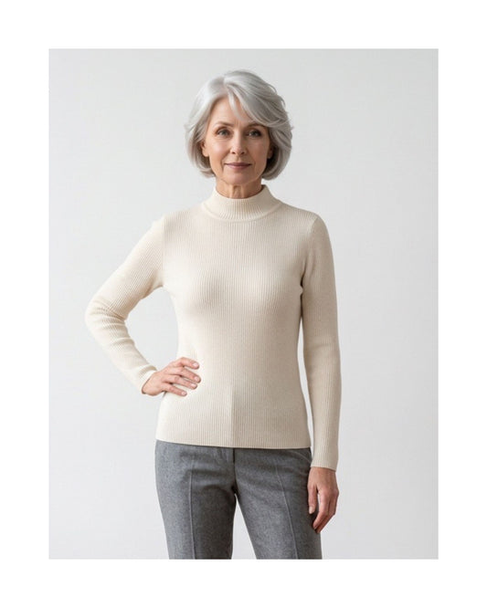 Cashmere Feeling Rib Pullover met Turtleneck Beige bij marijke mode