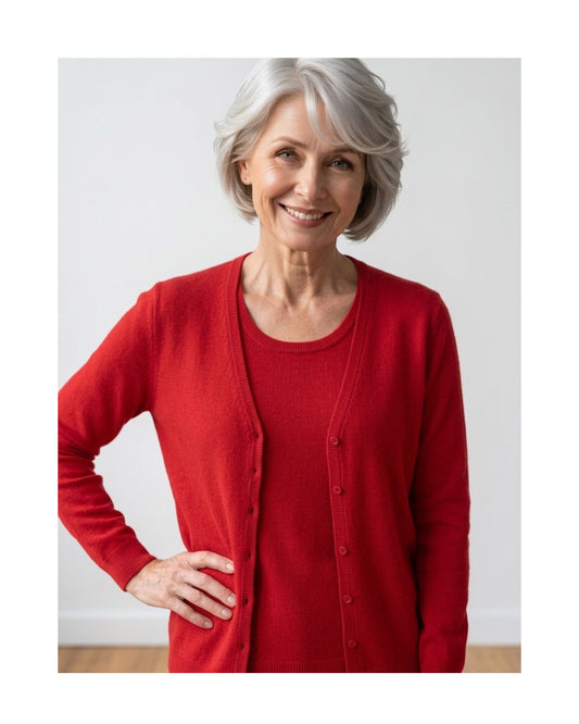 Cashmere Feeling zachte dames-twinset in unikleur met top en vest, verkrijgbaar bij Marijke Mode