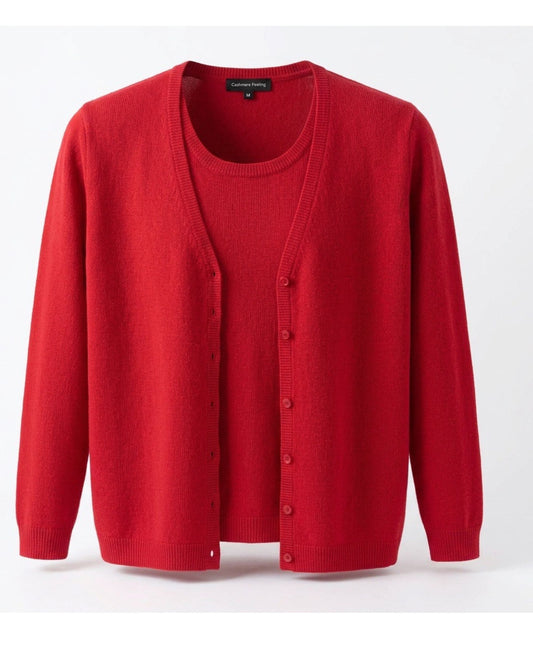 Cashmere Feeling zachte dames-twinset in unikleur met top en vest, verkrijgbaar bij Marijke Mode