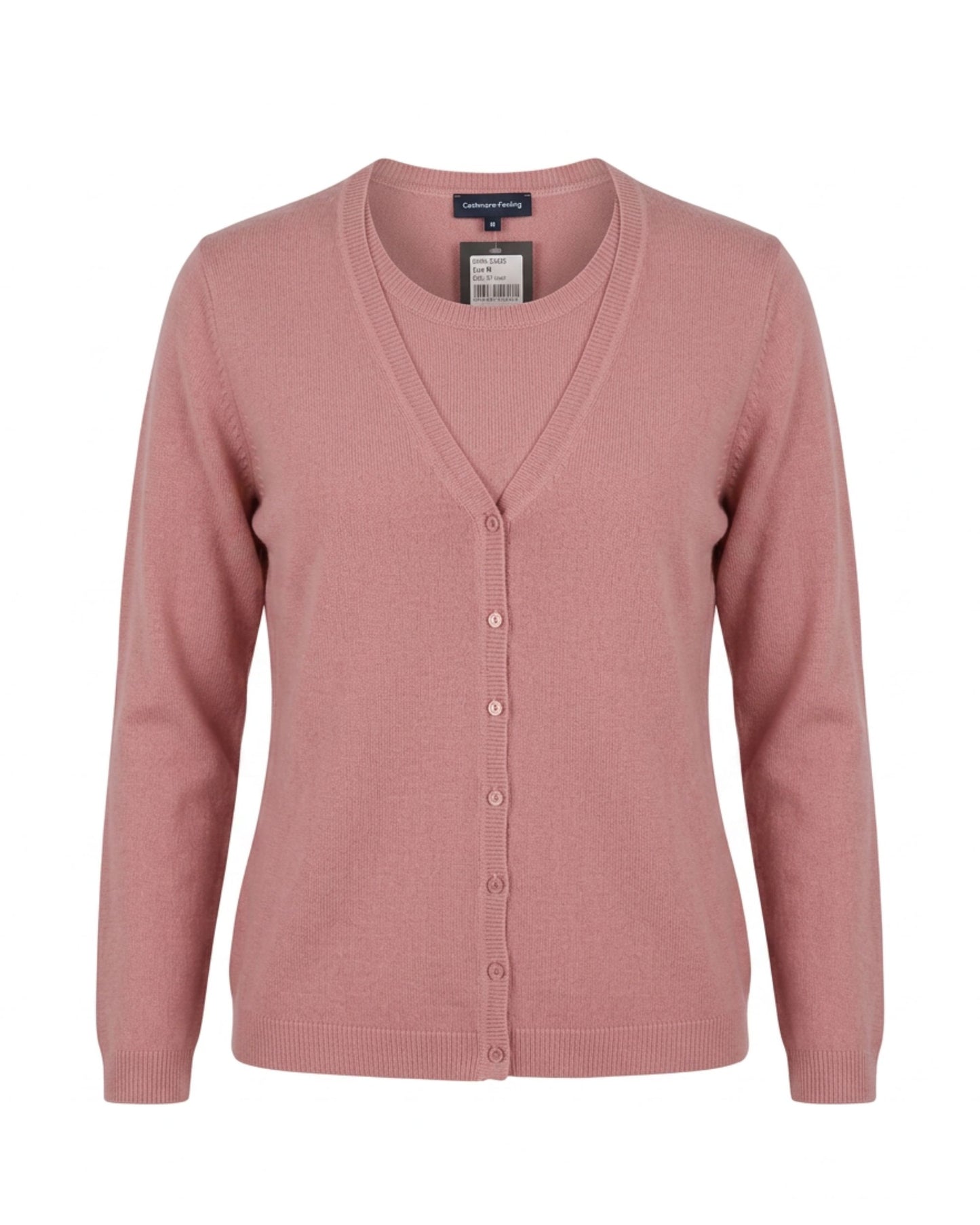 Alt-tekst:
Cashmere Feeling zachte dames-twinset in unikleur met top en vest, verkrijgbaar bij Marijke Mode