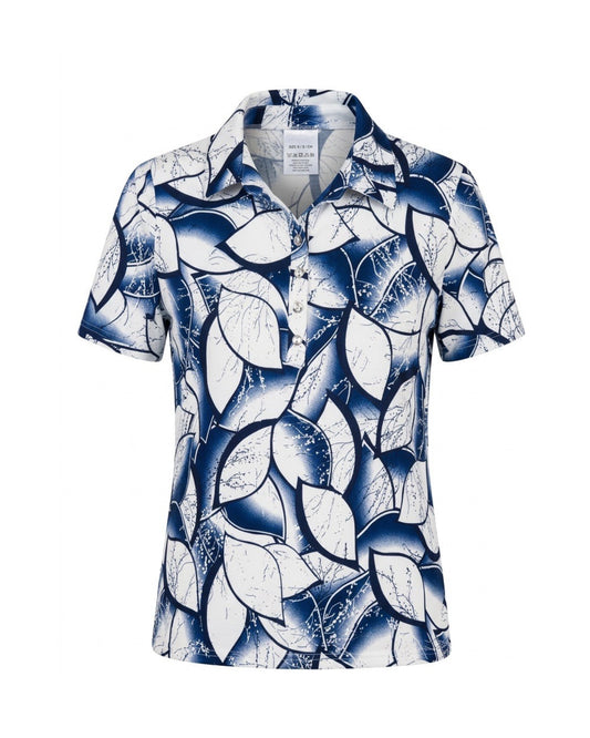 Dames poloshirt van viscose met kraag, knoopsluiting en splitjes, verkrijgbaar bij Marijke Mode.