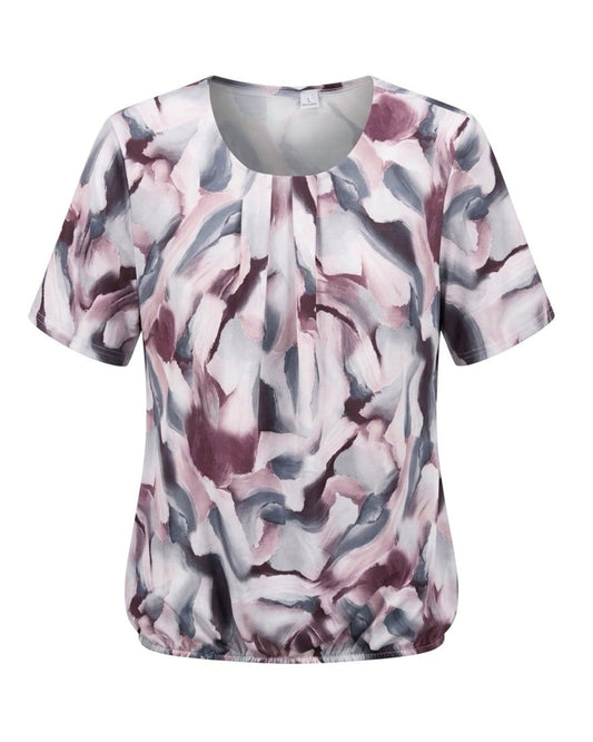 Dames blousonshirt met ronde hals en subtiele siergesp verkrijgbaar bij Marijke Mode.