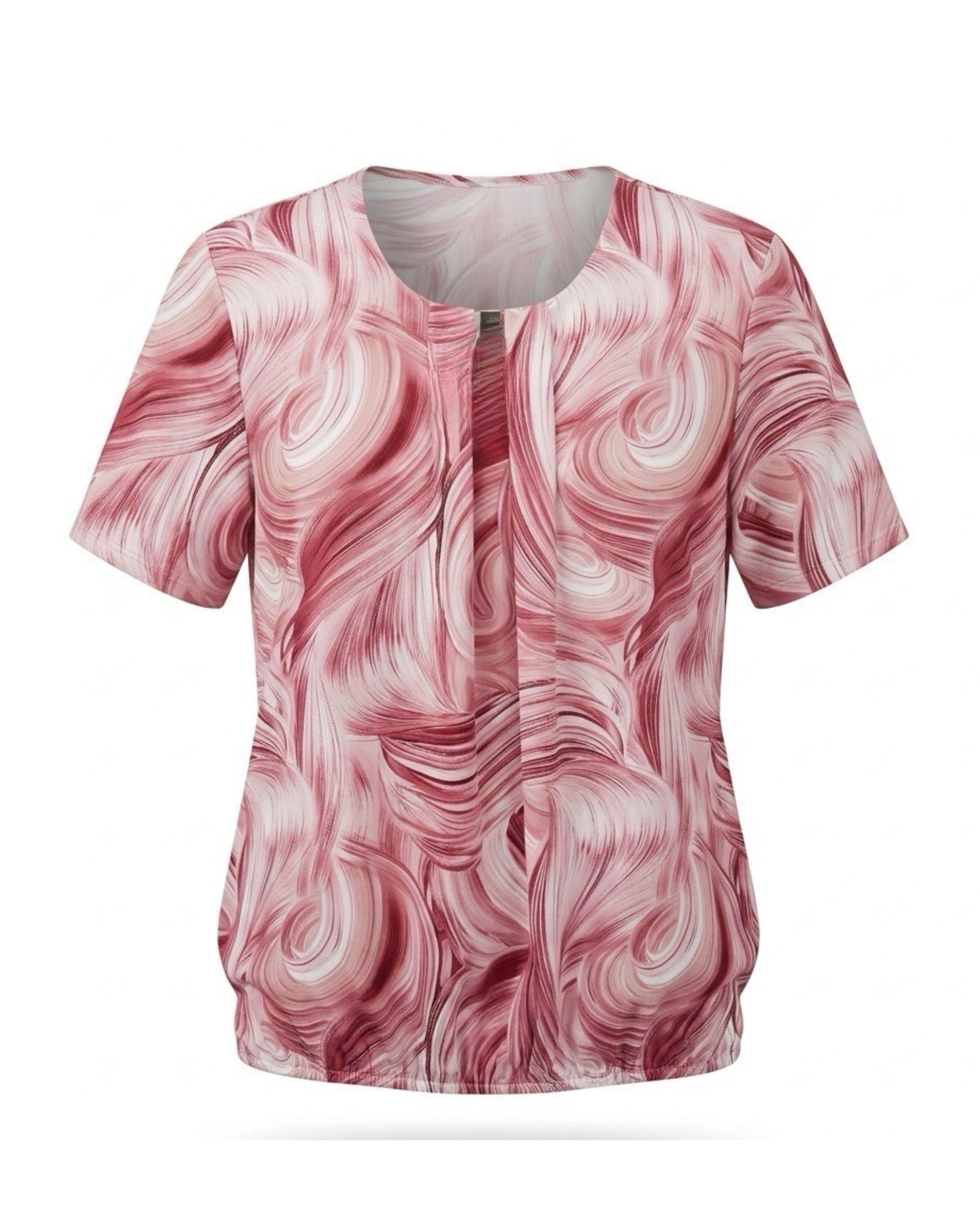 Dames blousonshirt met ronde hals en subtiele siergesp verkrijgbaar bij Marijke Mode.